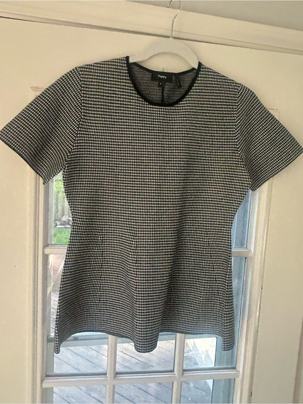 Theory Black and White Houndstooth Short Sleeve Peplum Top